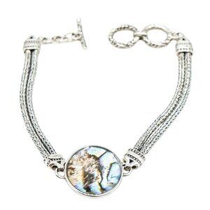 Reversible Abalone & Elephant Sterling Silver Toggle Wheat Chain Bracelet 7 Inch